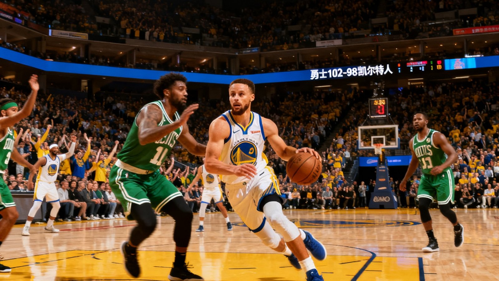 NBA常规赛金州勇士主场大通中心球馆内景，库里持球突破防守队员，球场上方大屏幕显示实时比分，观众席爆满。